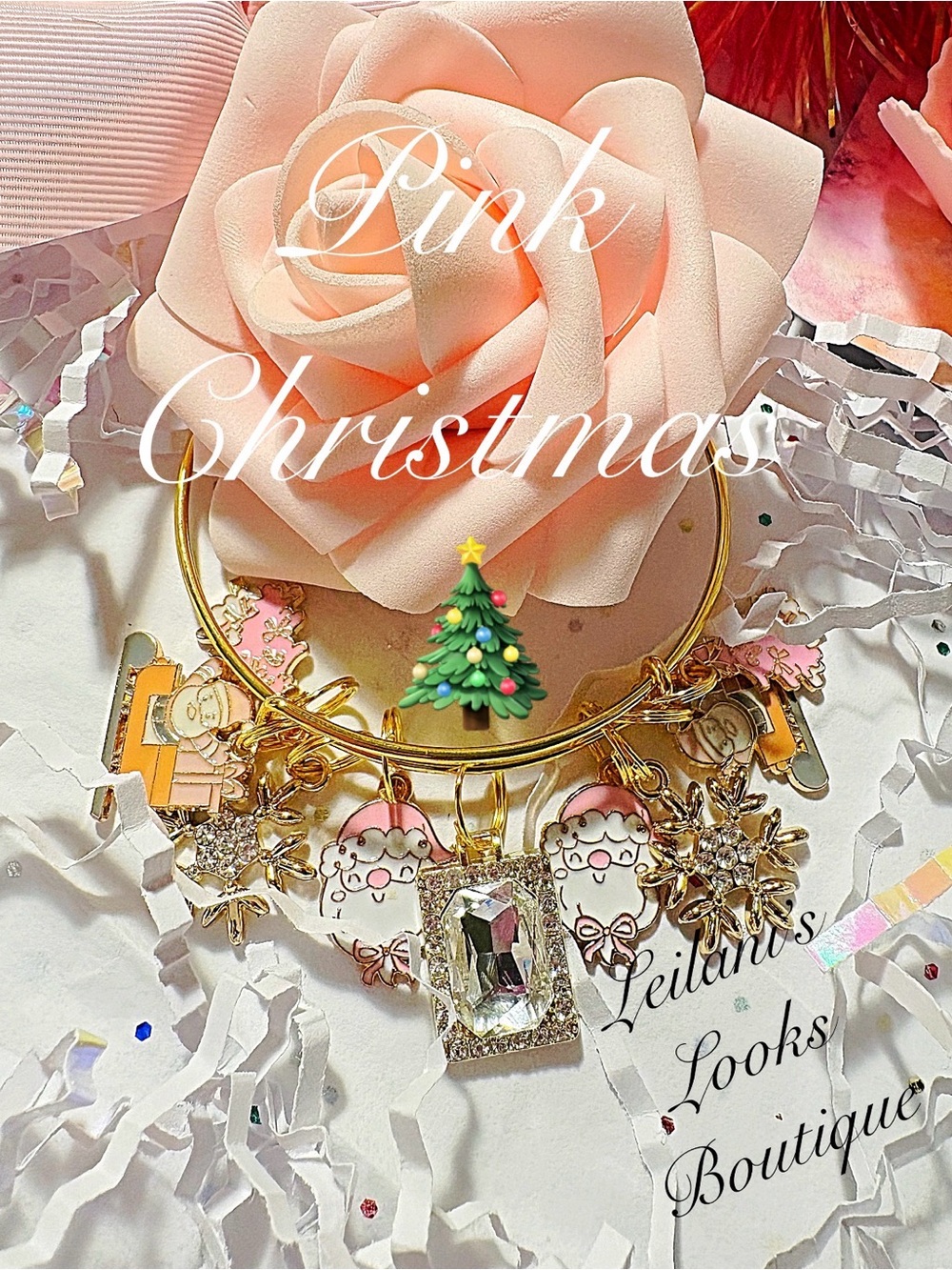 Pink Christmas bangle bracelet/santas/pink tree/holiday season/gifts/